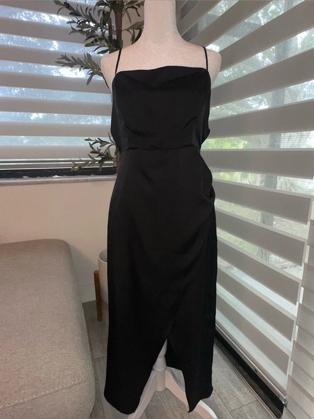 ZARA Black Satin Cowl Neck Midi Slip Dress - Size M
